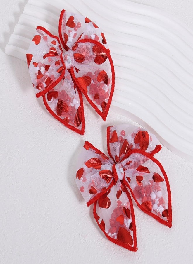 Miroksh Glitter Valentines Shaker Bows Alligator Clips for Girls Women, 2Pcs 4" Red Heart Mesh Tulle Ribbon Fable Bow Hair Barrettes Gift for Kids Birthday Wedding Party Dress Decor Accessory - Image 2